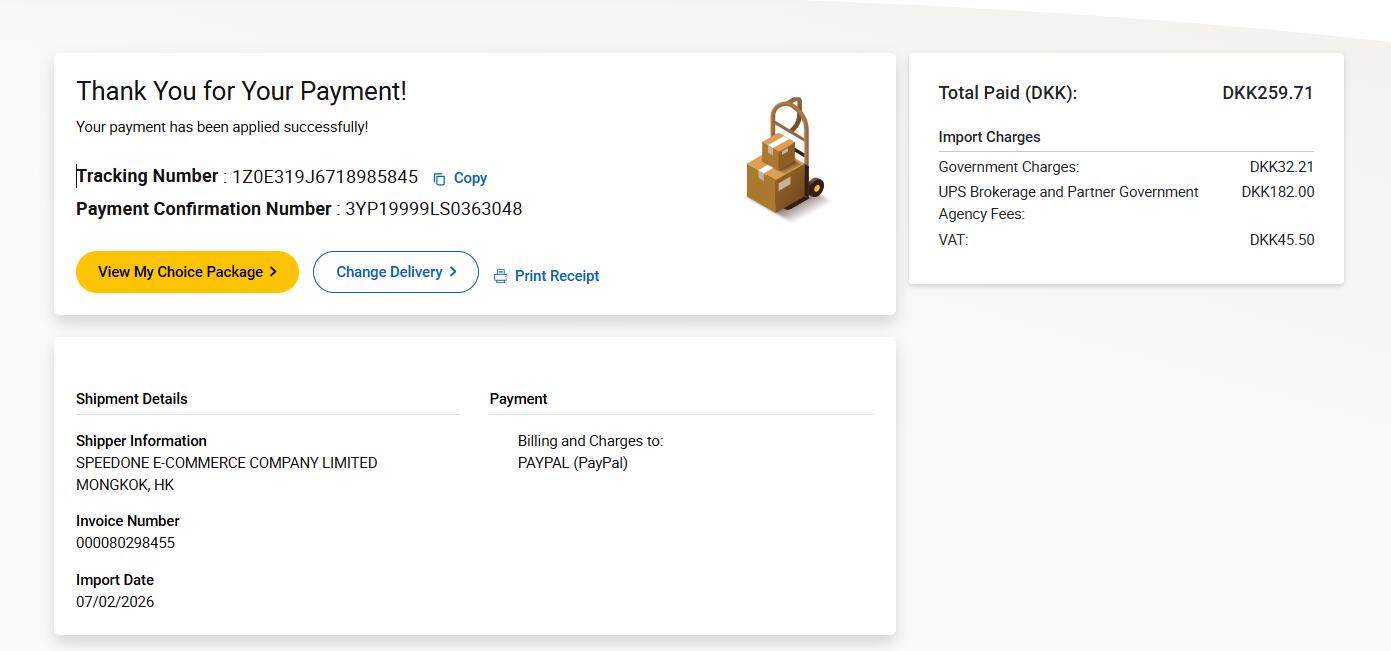 UPS Denmark payment confirmation DKK 259.71 sample