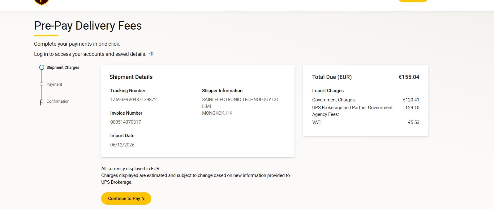 UPS Germany pre-pay delivery fees EUR 155.04 sample