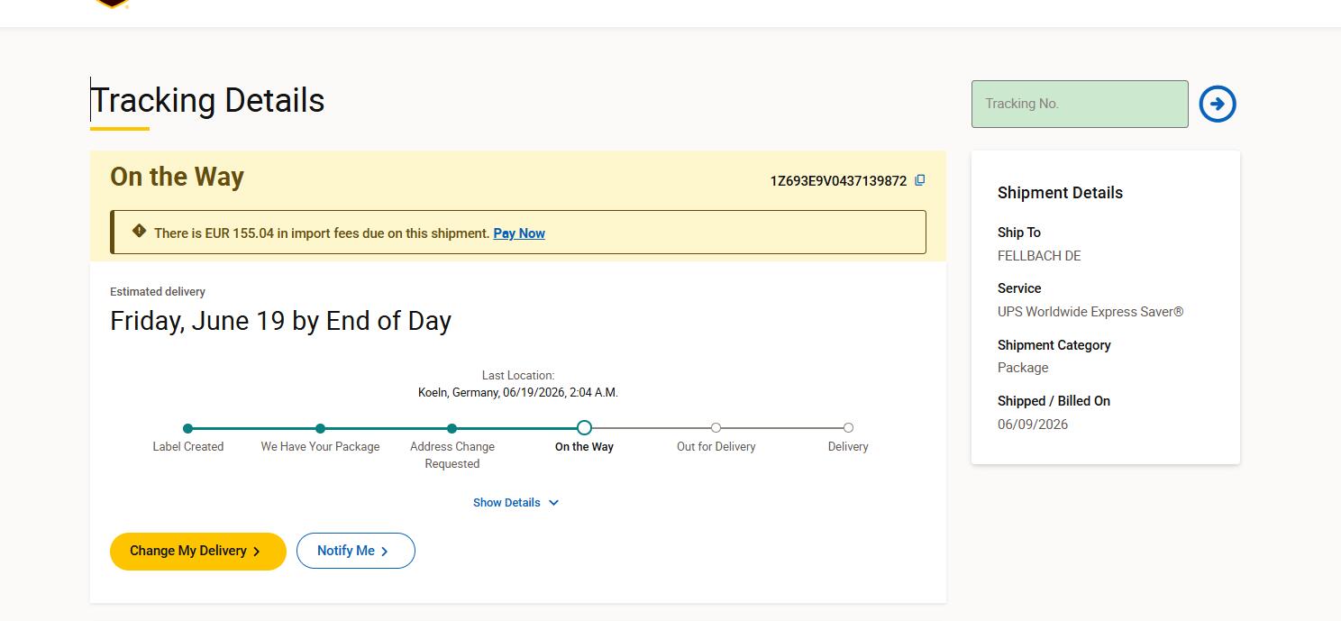 UPS Germany tracking import fees due EUR 155.04 sample