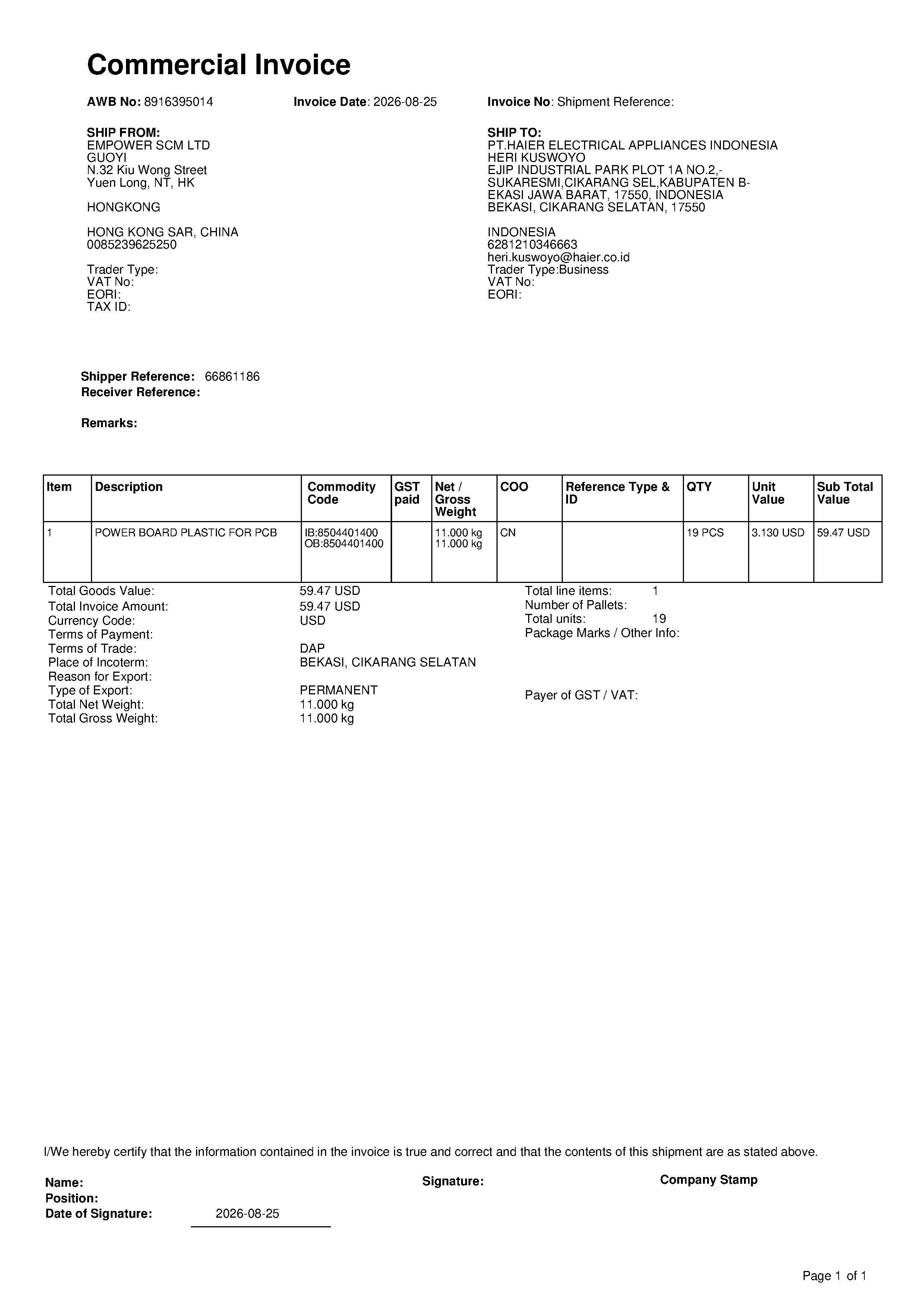 Commercial invoice power board plastic for PCB shipment 8916395014