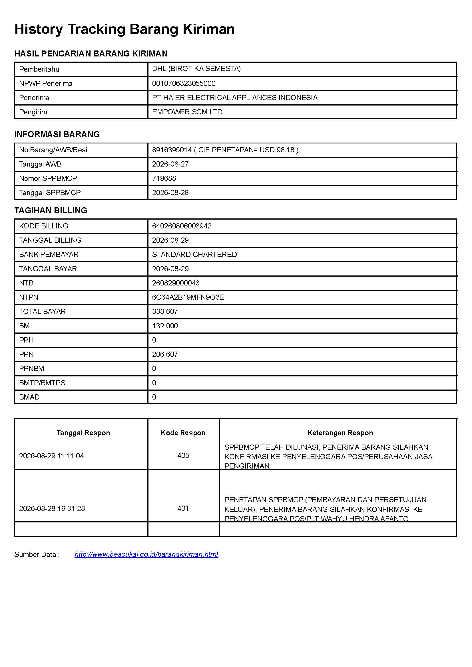 Indonesia customs shipment tracking billing history 8916395014 paid IDR 338607