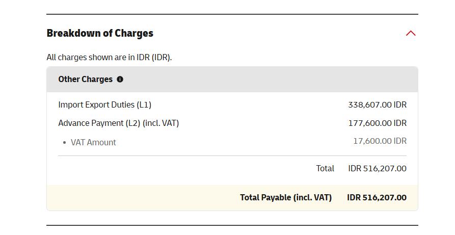 DHL Indonesia import duties advance payment charge breakdown IDR 516207