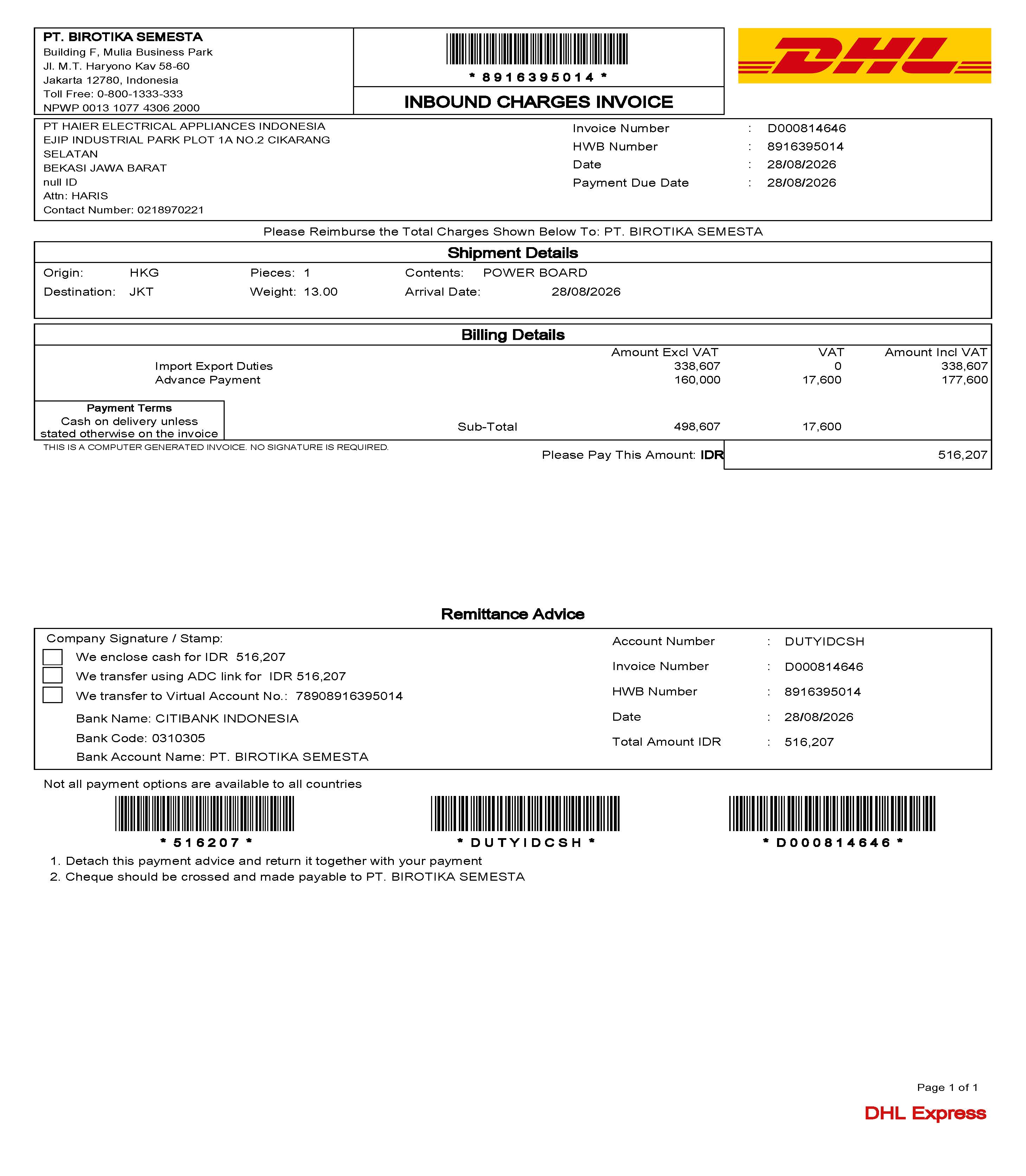 DHL Indonesia inbound charges invoice D000814646 total IDR 516207