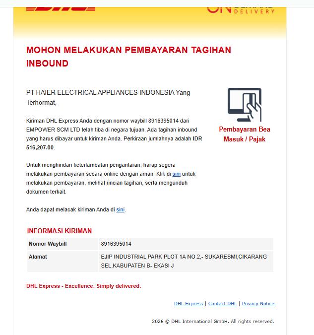 DHL Indonesia inbound payment notice IDR 516207 shipment 8916395014