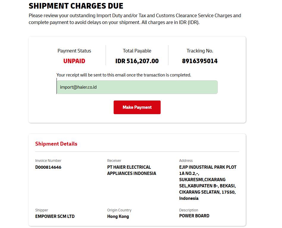 DHL Indonesia shipment charges due IDR 516207 shipment 8916395014