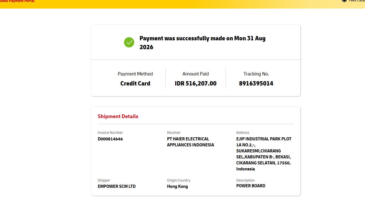 DHL Indonesia credit card payment success IDR 516207 shipment 8916395014