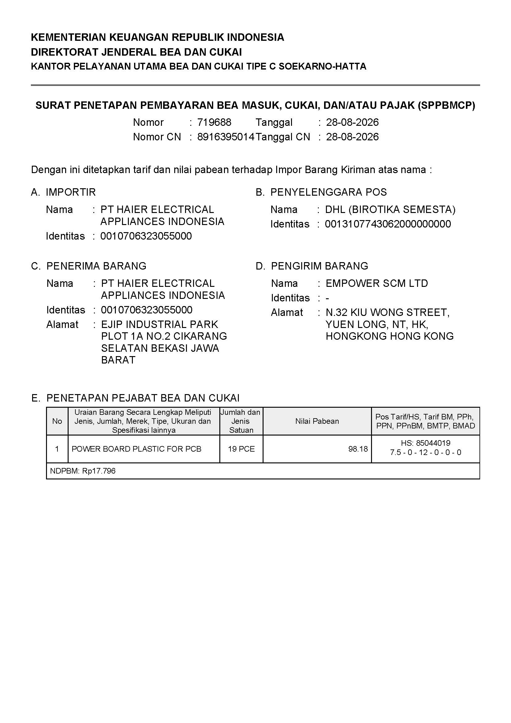 Indonesia customs SPPBMCP 719688 page 1 shipment 8916395014