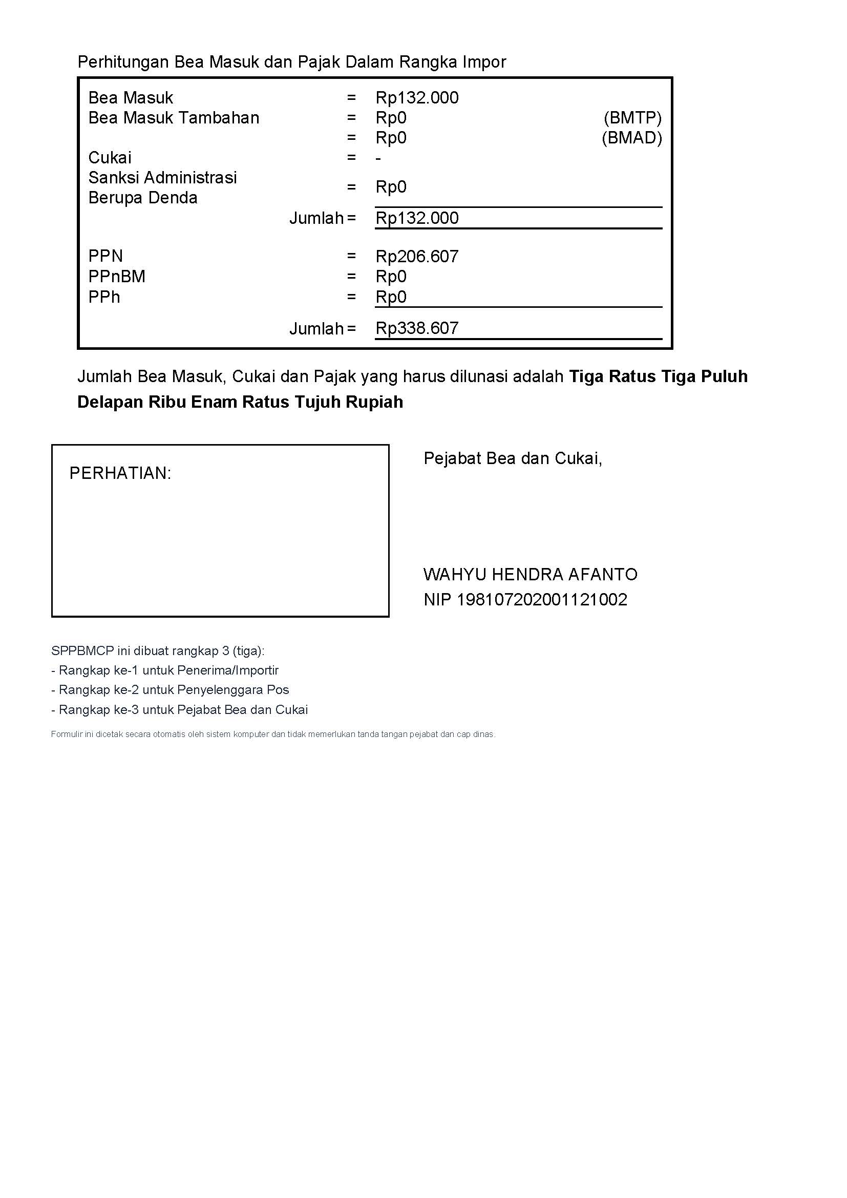 Indonesia customs SPPBMCP 719688 page 2 duty PPN total IDR 338607