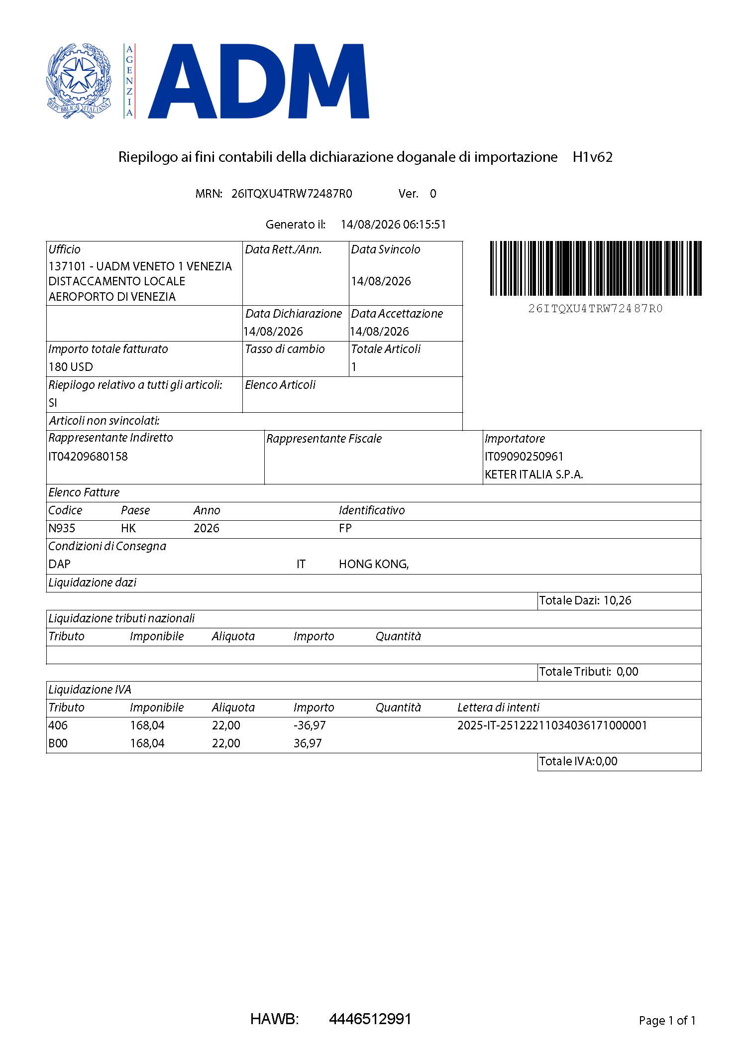 Italy ADM customs declaration accounting summary MRN 26ITQXU4TRW72487R0 shipment 4446512991