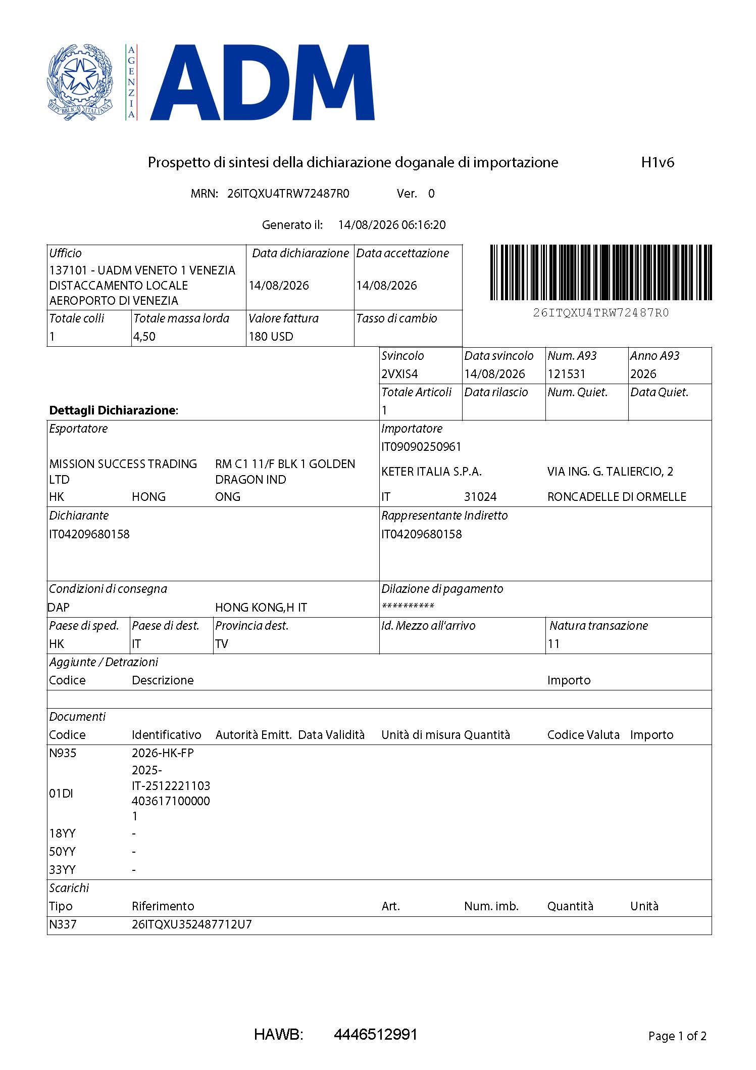 Italy ADM import customs declaration summary page 1 MRN 26ITQXU4TRW72487R0