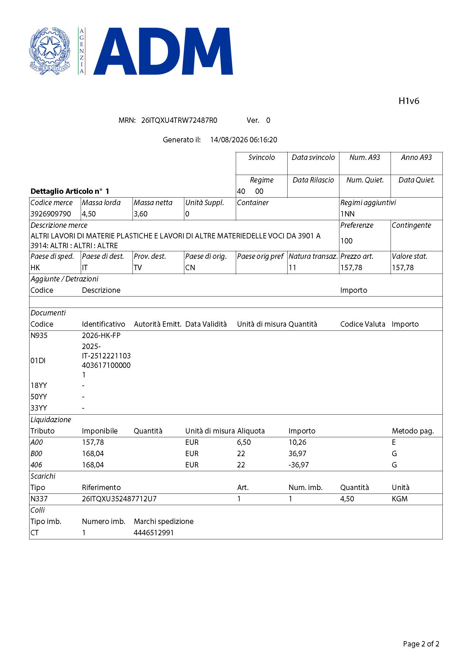 Italy ADM import customs declaration article detail page 2 HS 3926909790