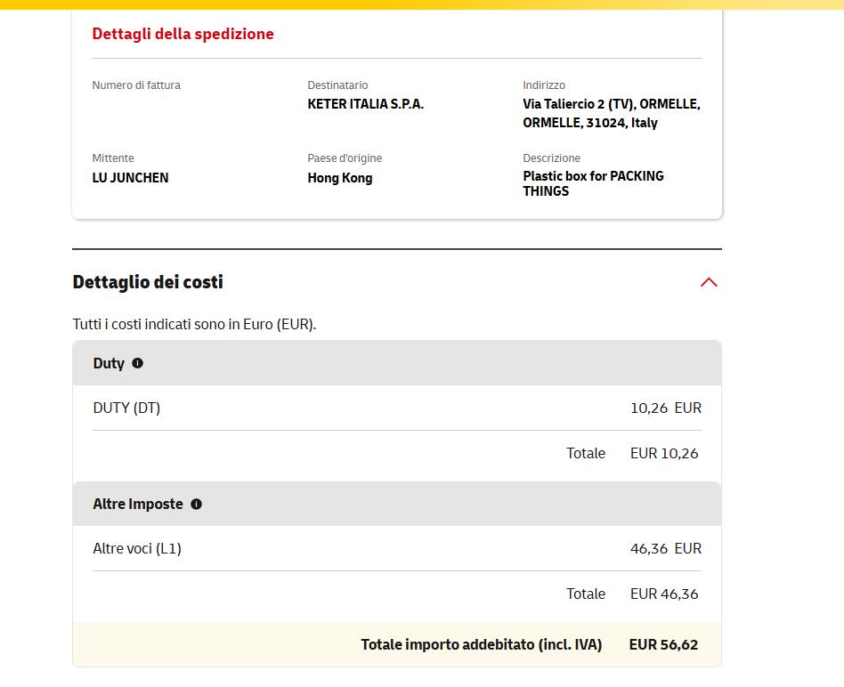 DHL Italy charge breakdown duty and other taxes EUR 56.62 shipment 4446512991
