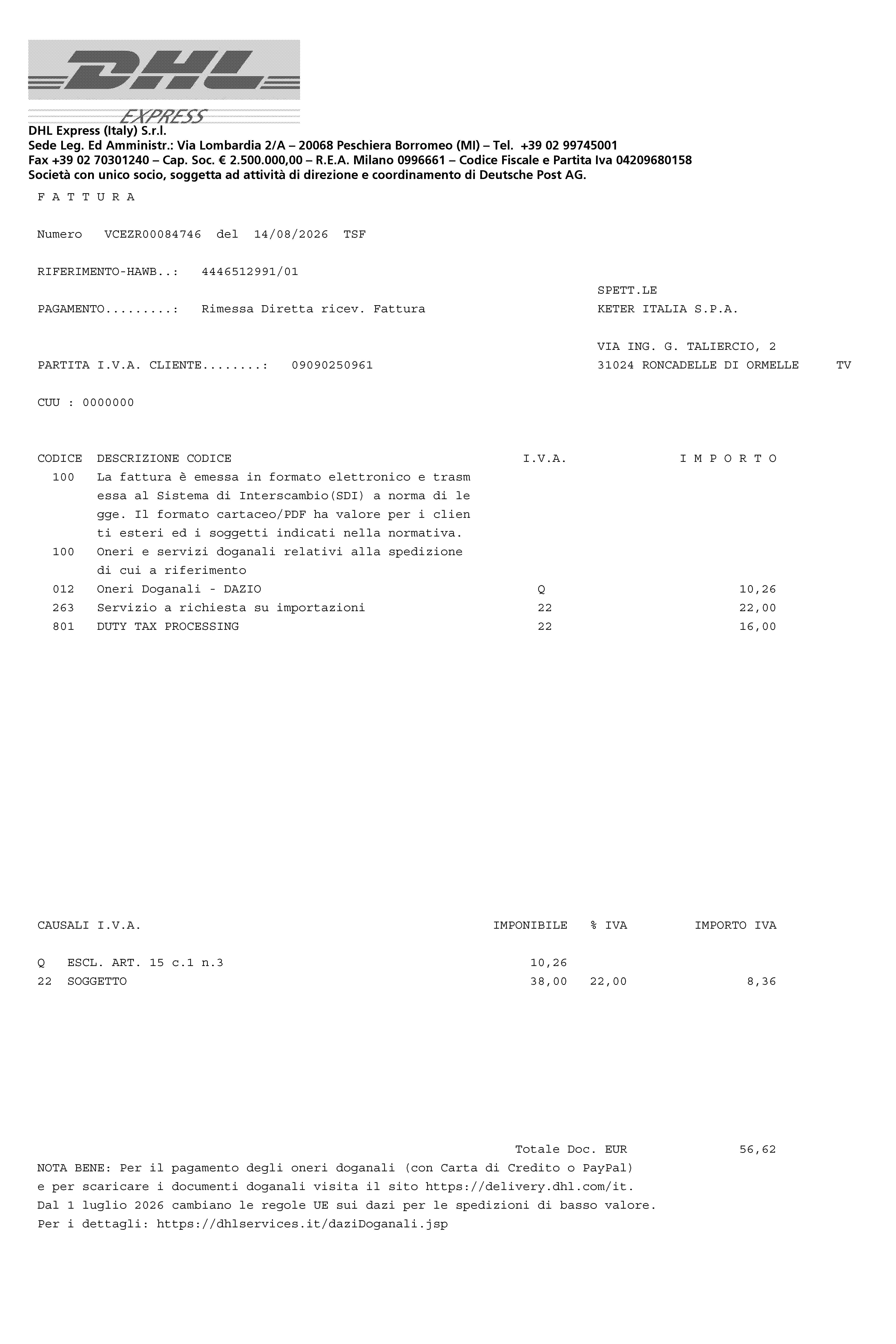 DHL Express Italy customs duty and service invoice VCEZR00084746 shipment 4446512991