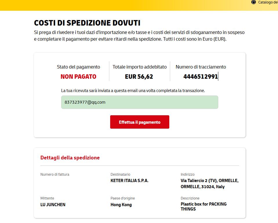 DHL Italy payment required EUR 56.62 shipment 4446512991
