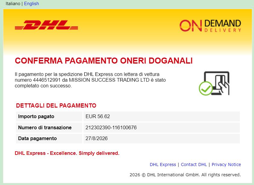 DHL Italy customs charges payment confirmation EUR 56.62 shipment 4446512991