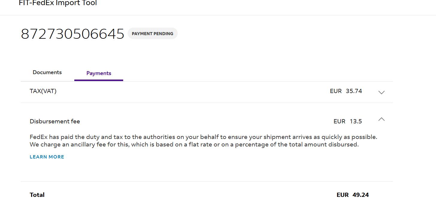 FedEx Italy Import Tool disbursement fee EUR 13.50 sample