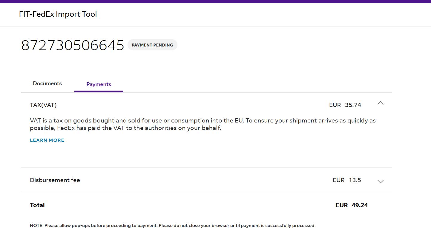 FedEx Italy Import Tool VAT EUR 35.74 sample