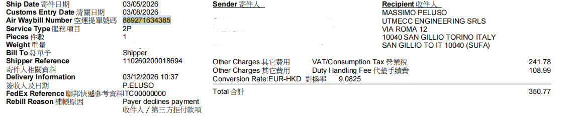 FedEx Italy rebill duty invoice VAT consumption tax and duty handling fee sample