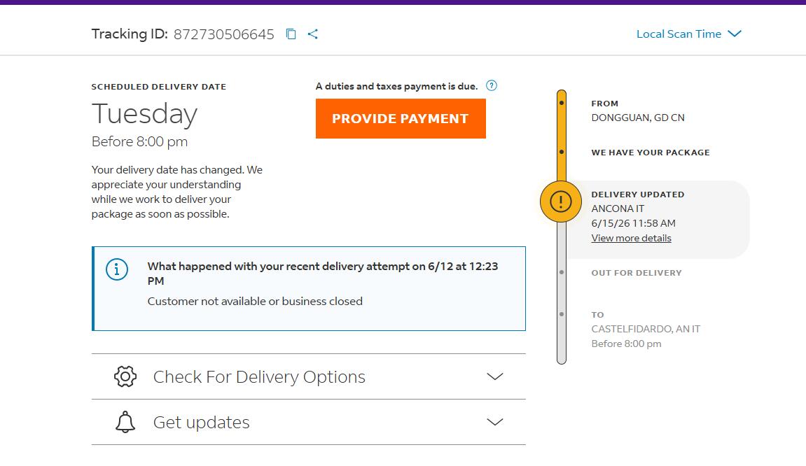 FedEx Italy tracking duties and taxes payment due sample