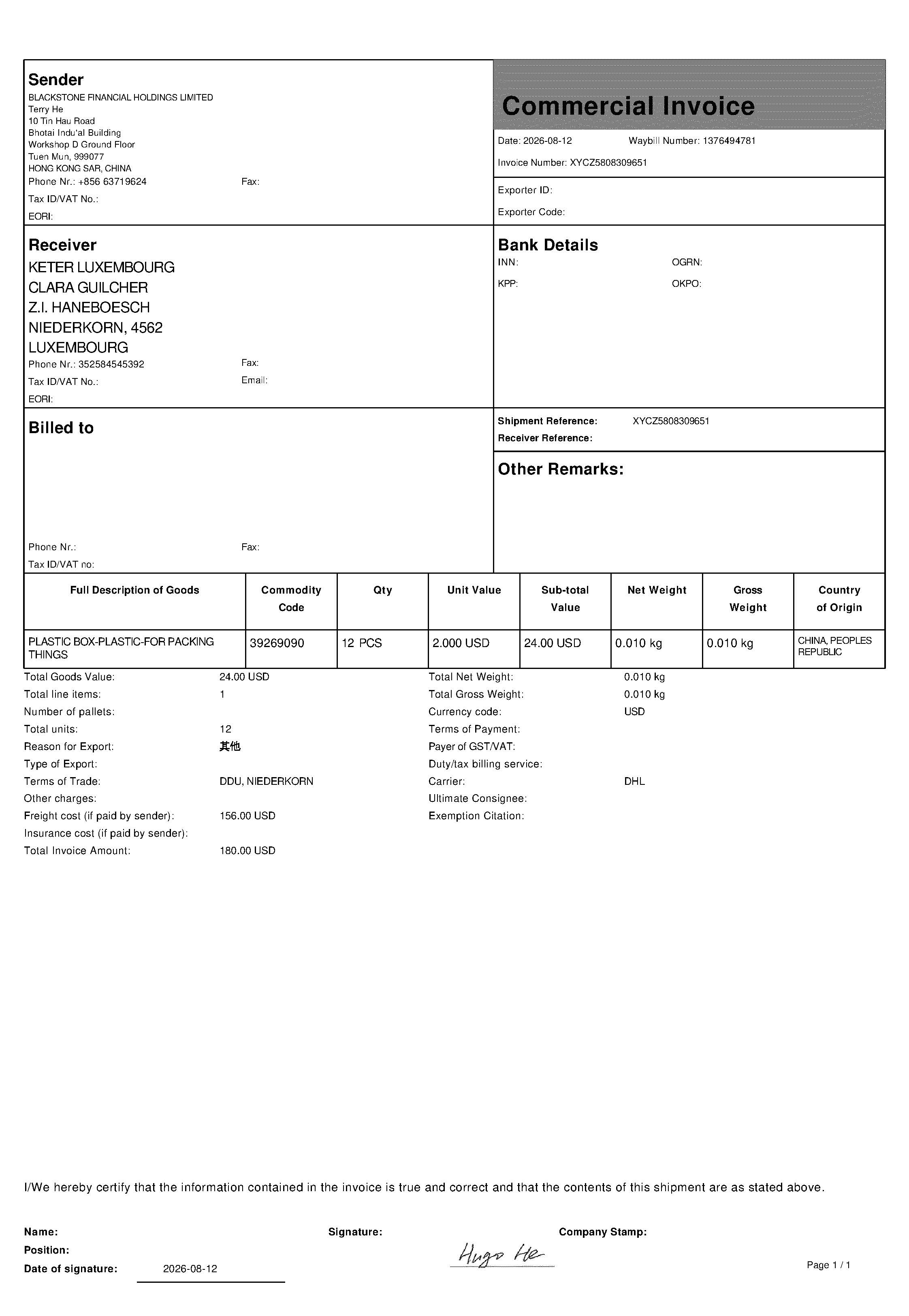 Commercial invoice XYCZ5808309651 DHL Luxembourg shipment 1376494781