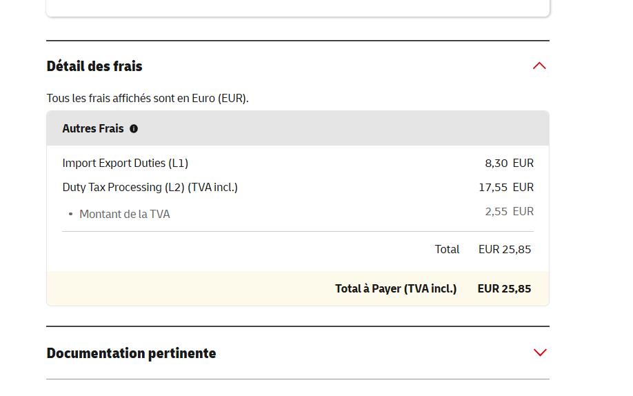 DHL Luxembourg import duty tax processing breakdown EUR 25.85