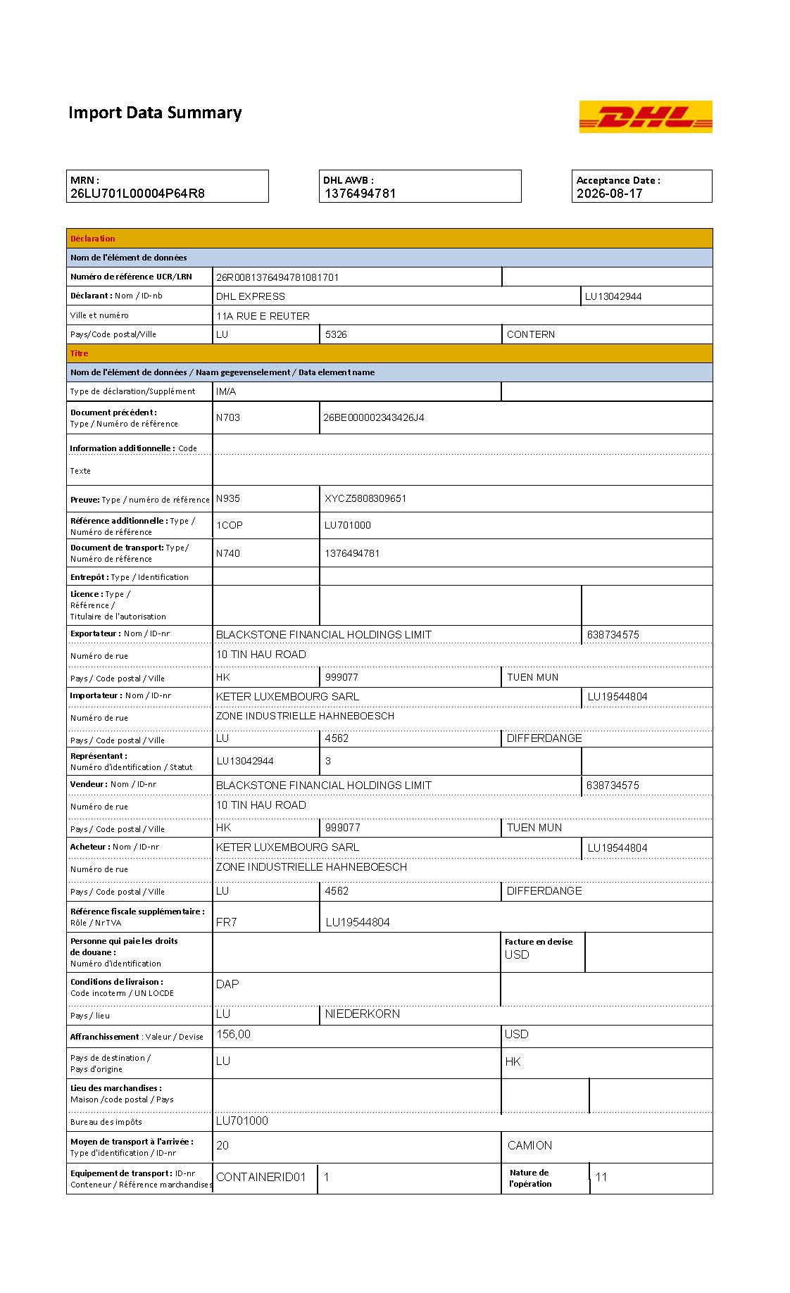 DHL Luxembourg Import Data Summary page 1 MRN 26LU701L00004P64R8