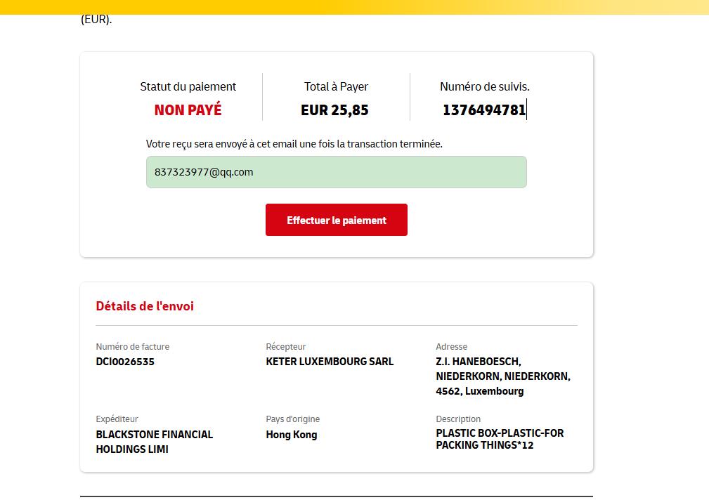 DHL Luxembourg payment required EUR 25.85 shipment 1376494781
