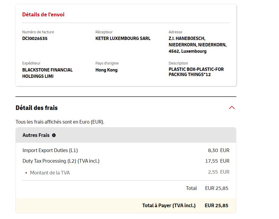 DHL Luxembourg shipment and charge details invoice DCI0026535