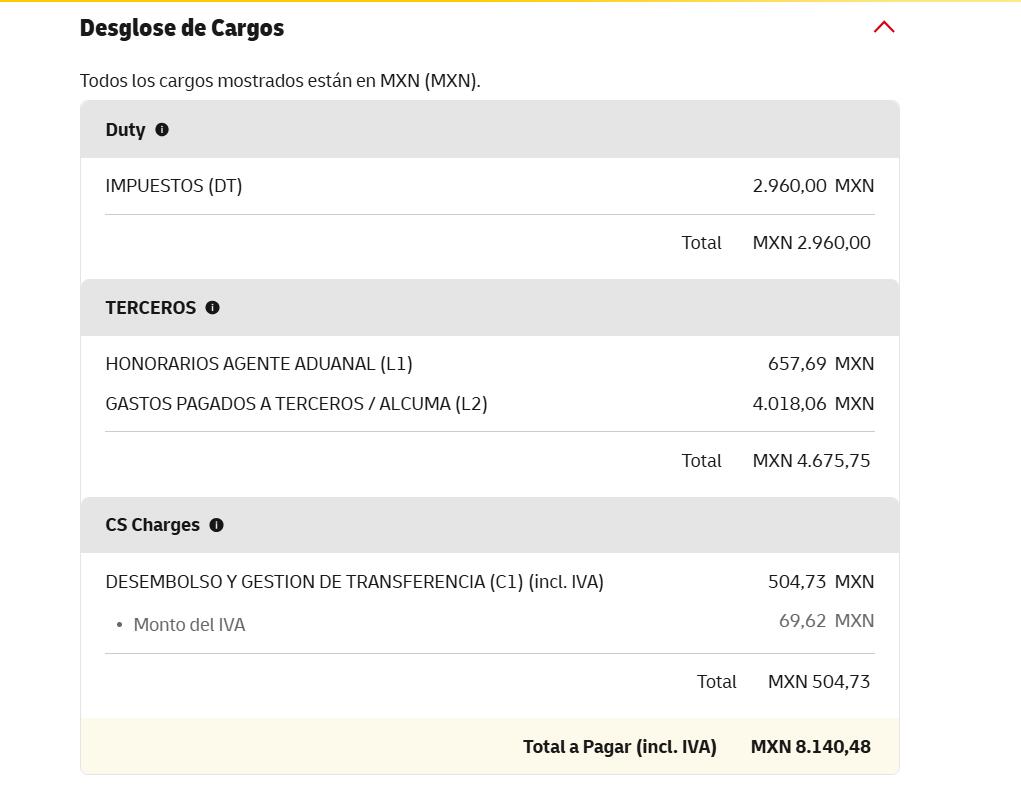 DHL Mexico charge breakdown MXN 8140.48 for waybill 2505046880