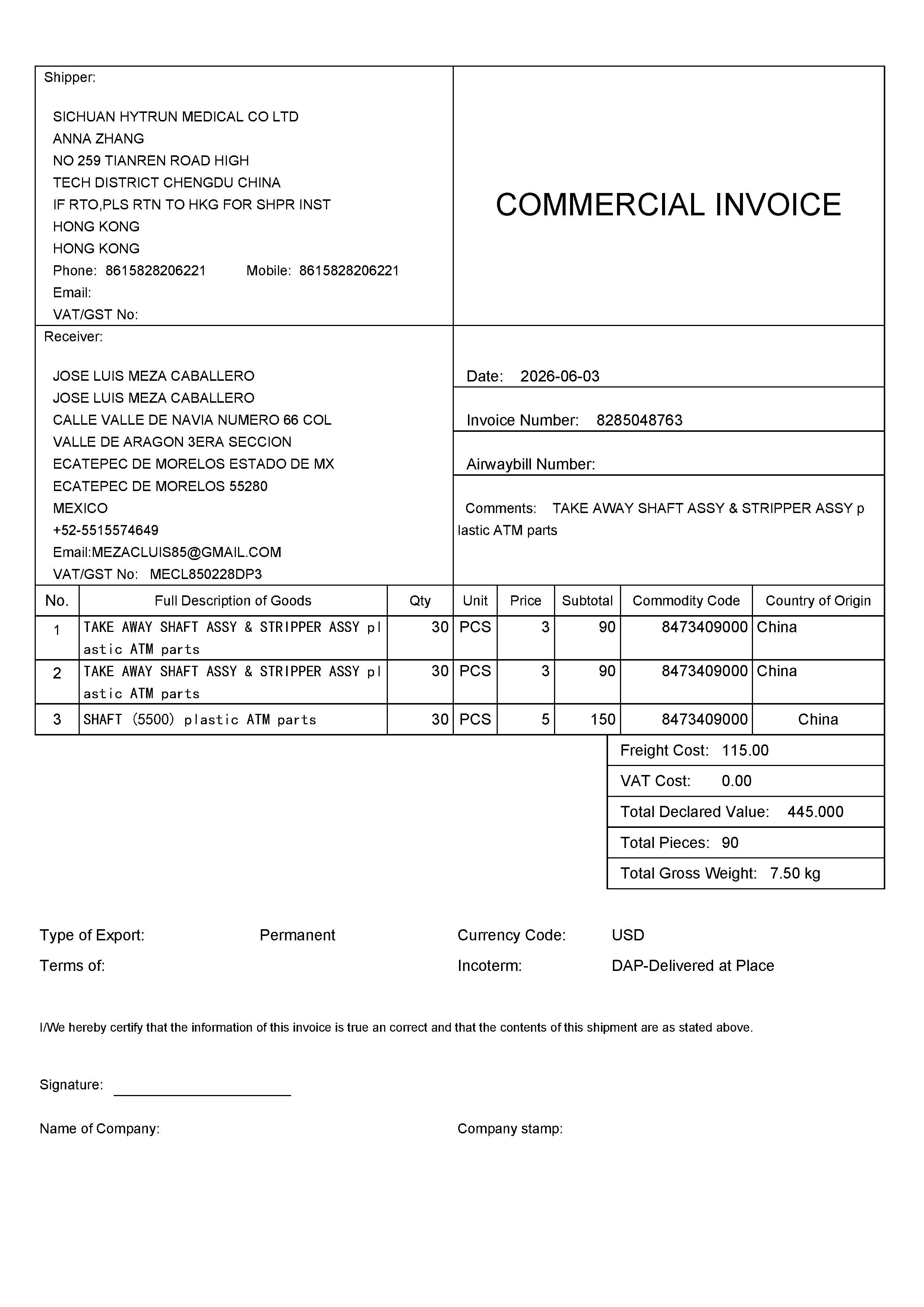 Commercial invoice for DHL Mexico waybill 2505046880
