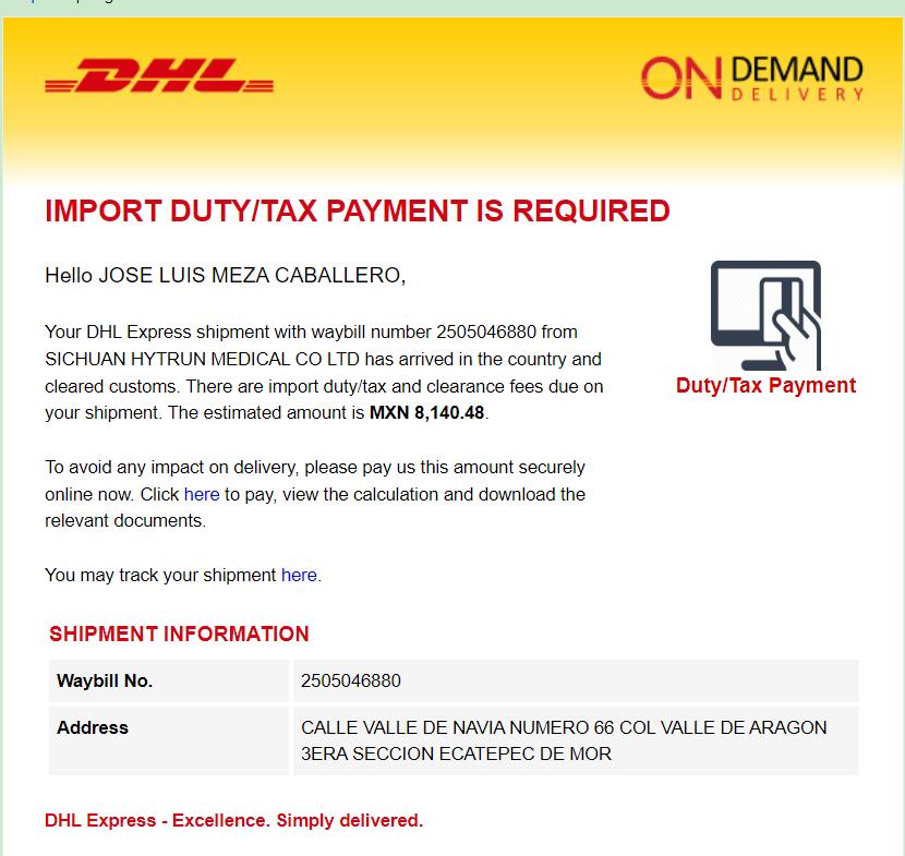 DHL Mexico English import duty payment required notice for waybill 2505046880