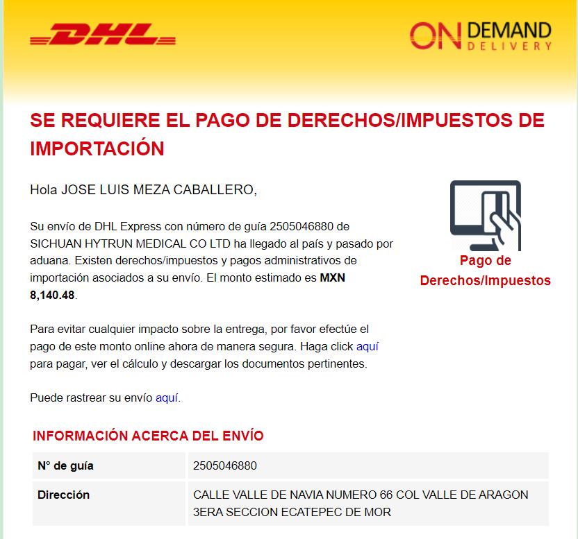 DHL Mexico Spanish import duty payment required notice for waybill 2505046880