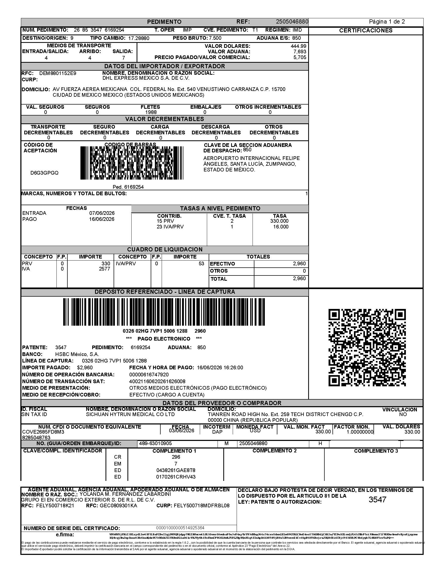 Mexico DHL pedimento page 1 for waybill 2505046880