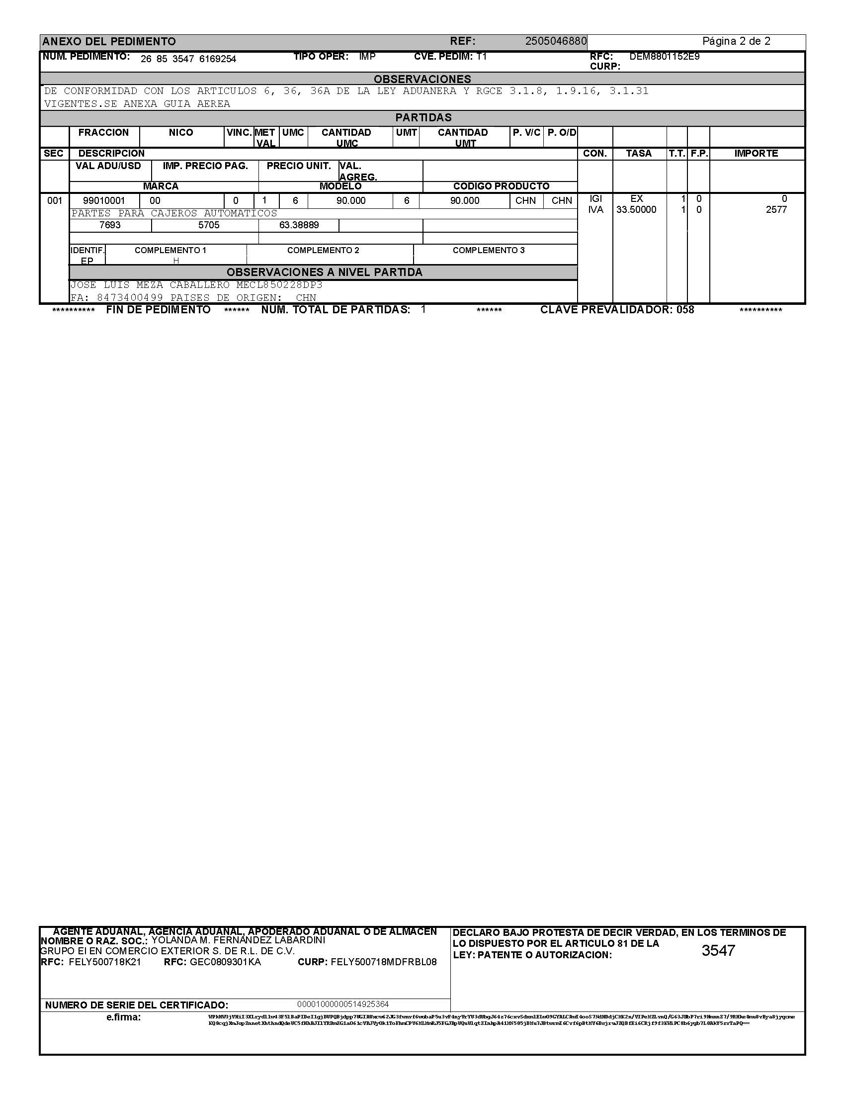 Mexico DHL pedimento page 2 tariff line for waybill 2505046880