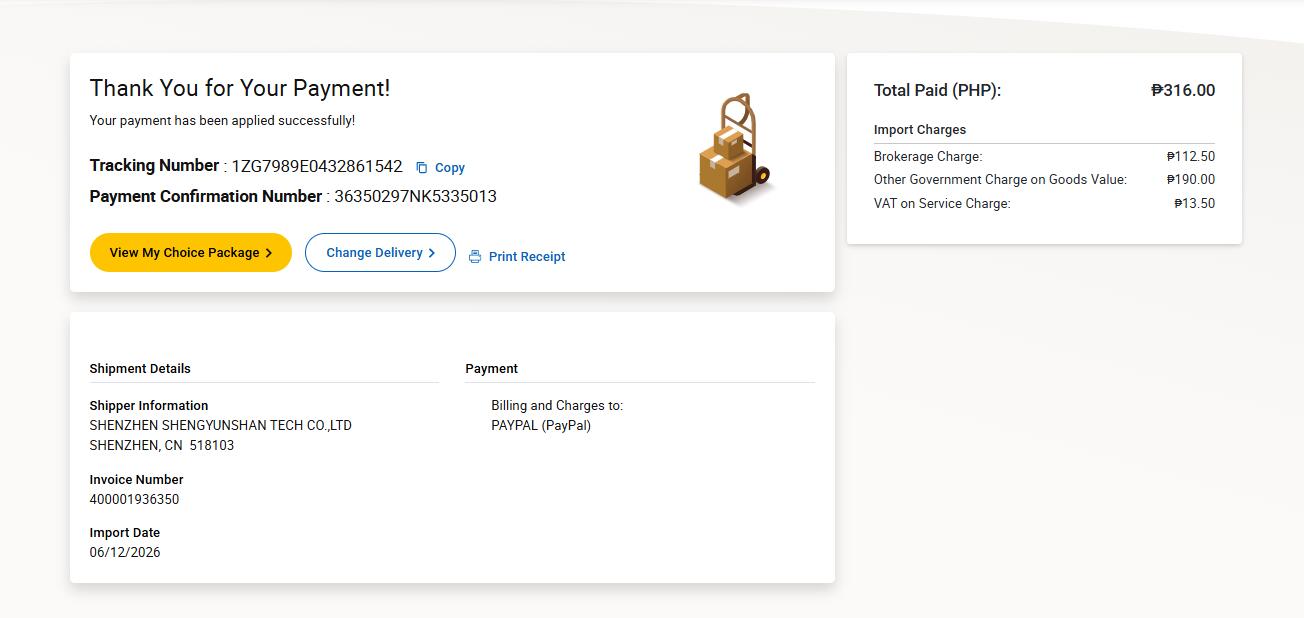 UPS Philippines payment confirmation import charges sample
