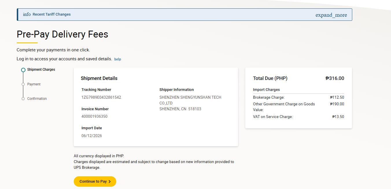 UPS Philippines pre-pay delivery fees import charges sample