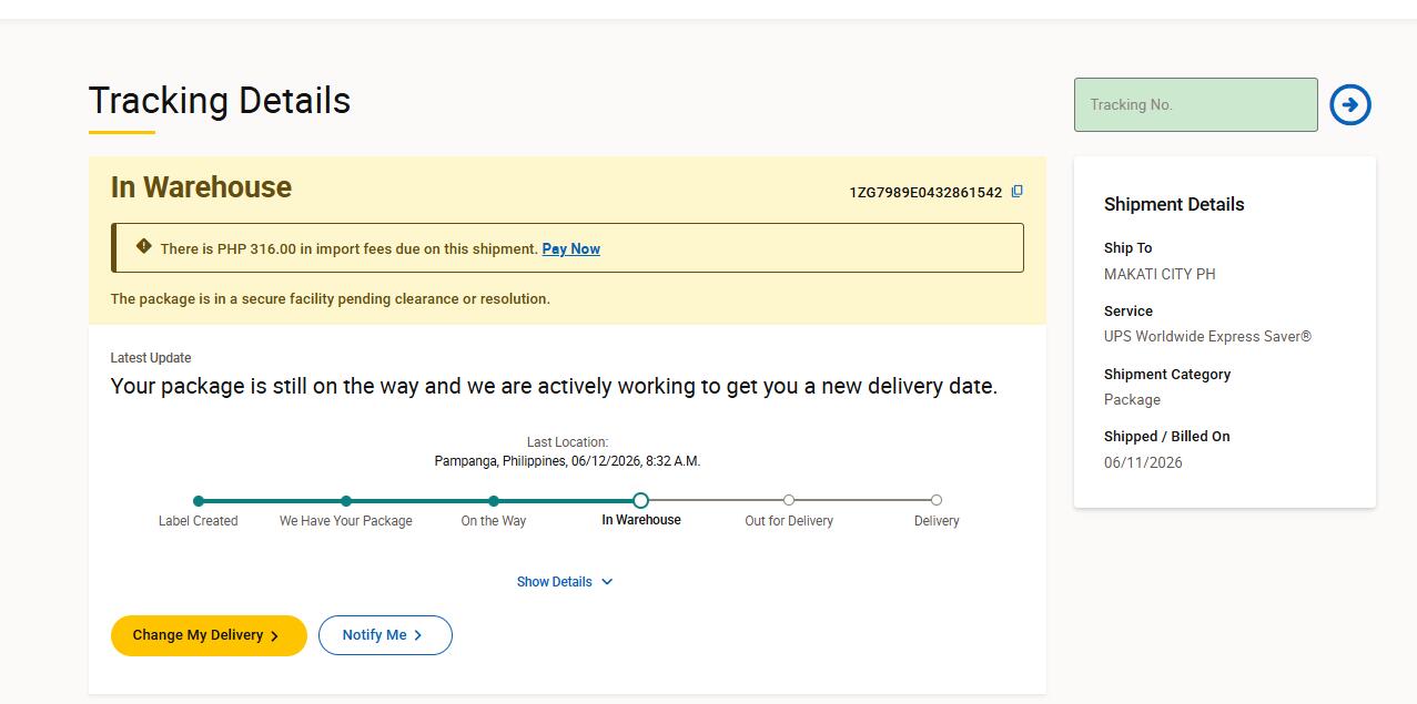 UPS Philippines tracking import fees due sample