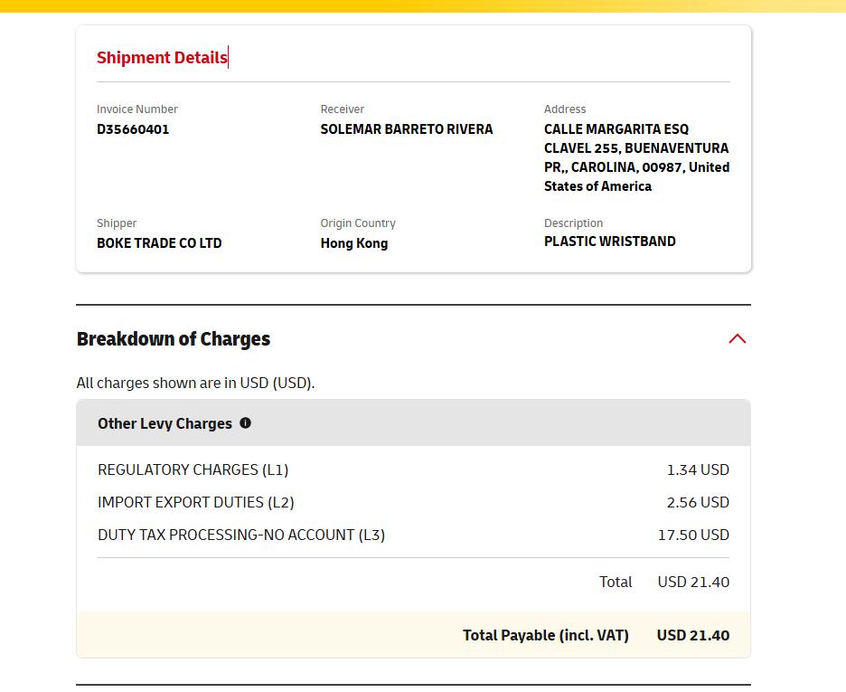 DHL Puerto Rico charge breakdown invoice D35660401 sample