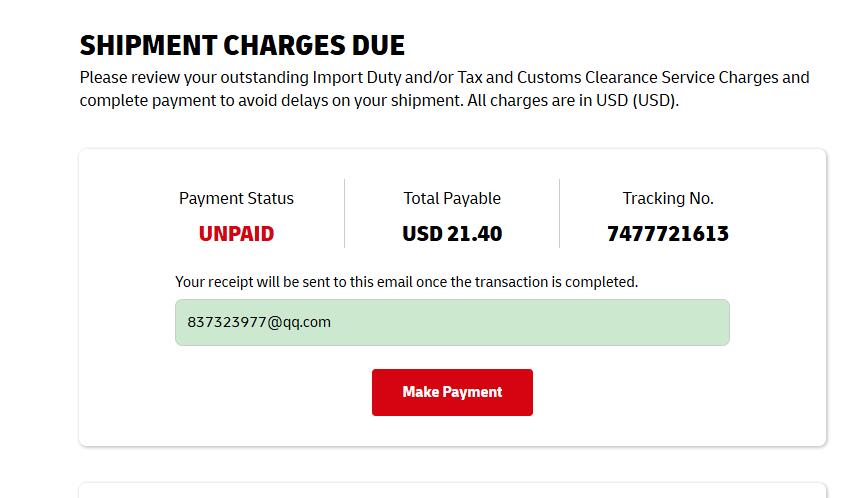 DHL Puerto Rico shipment charges due USD 21.40 sample