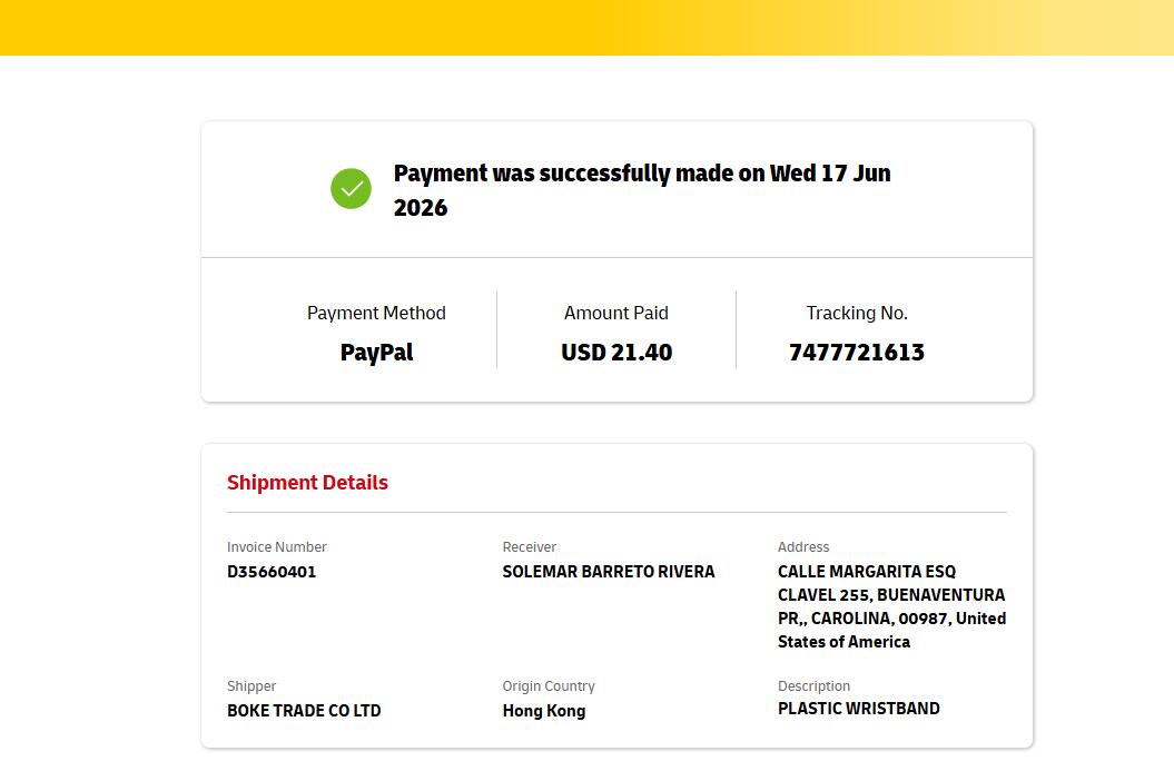DHL Puerto Rico payment success PayPal USD 21.40 sample