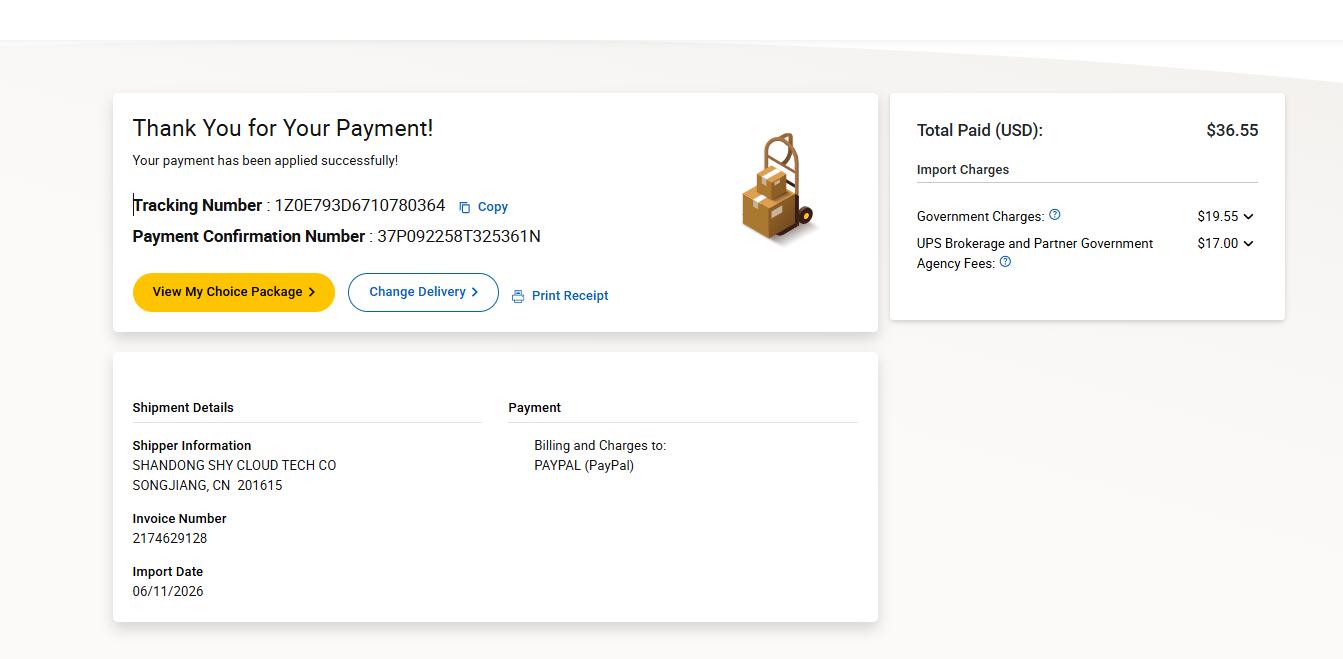 UPS Puerto Rico payment confirmation import charges sample