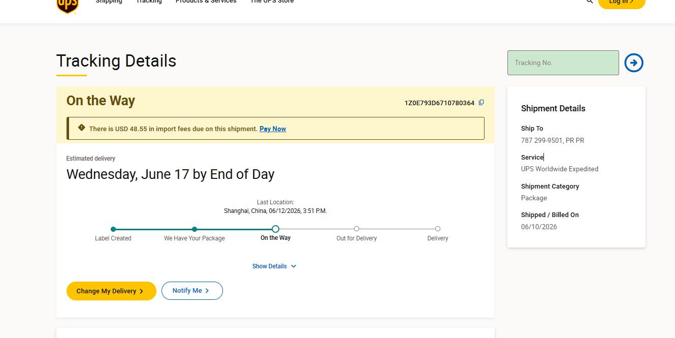 UPS Puerto Rico tracking import fees due sample