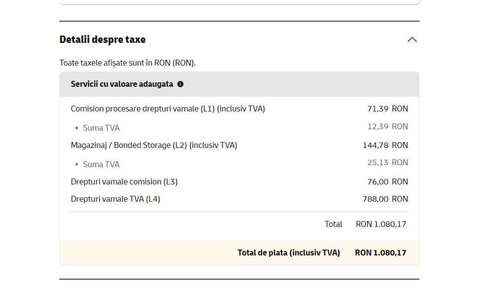 DHL Romania customs duty VAT bonded storage charge breakdown RON 1080.17