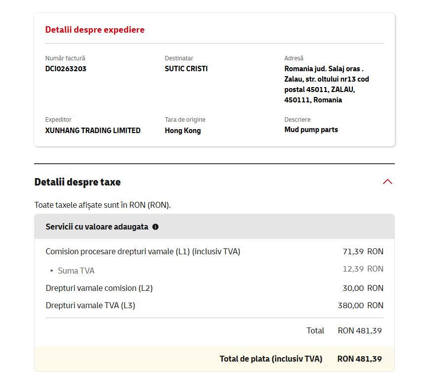 DHL Romania charge breakdown customs duty VAT processing fee RON 481.39