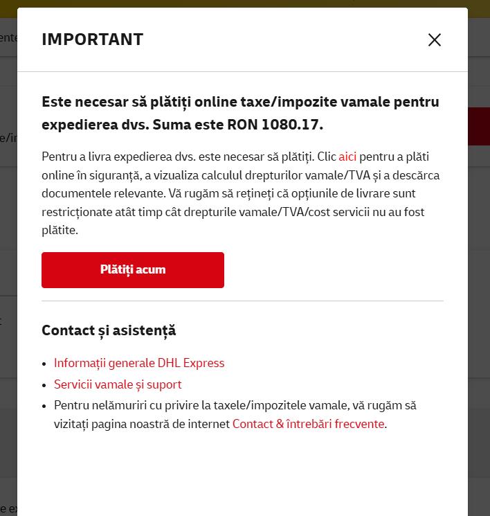 DHL Romania important payment modal RON 1080.17