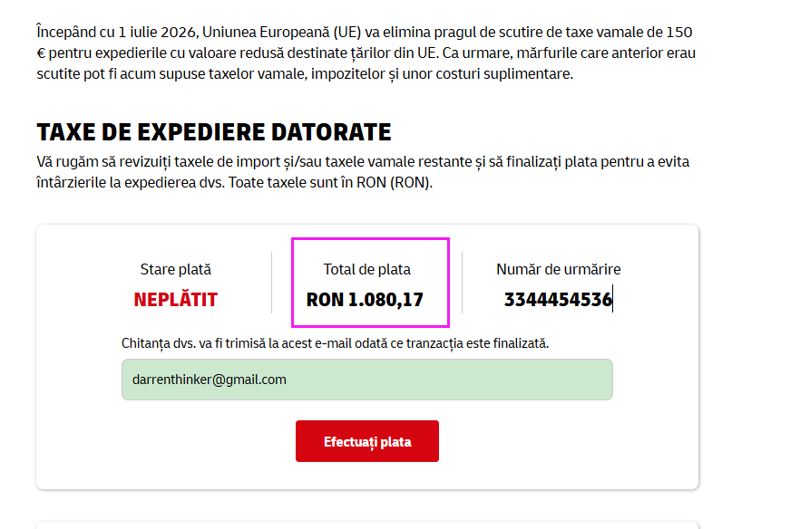 DHL Romania payment required RON 1080.17 shipment 3344454536