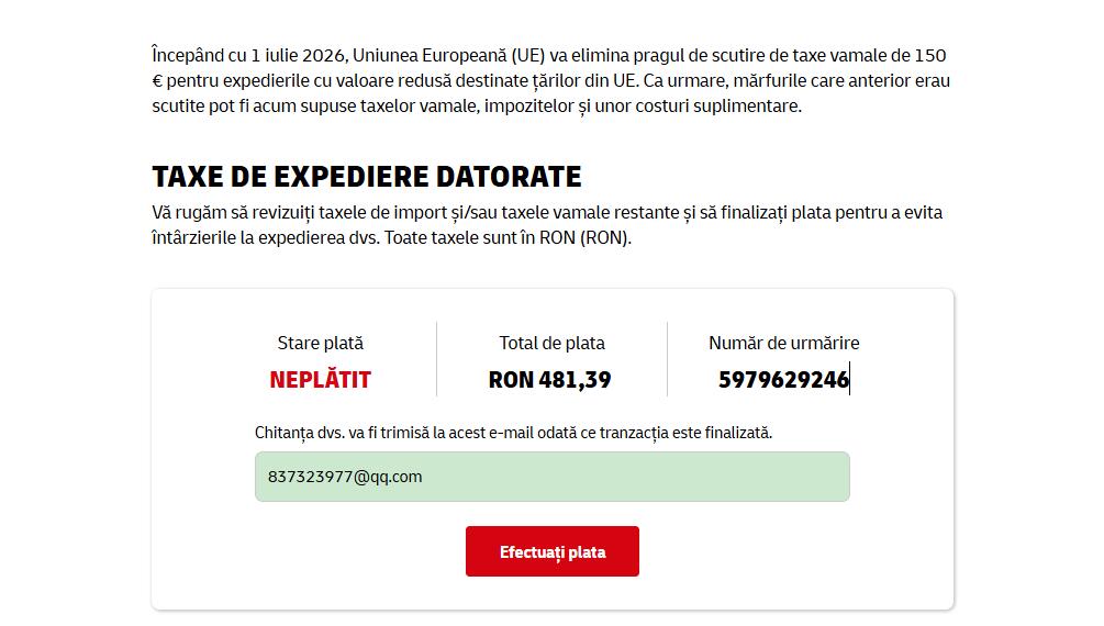 DHL Romania import duty tax payment page RON 481.39 shipment 5979629246