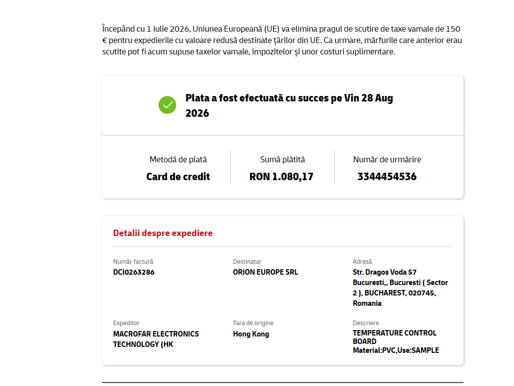 DHL Romania credit card payment success RON 1080.17 shipment 3344454536