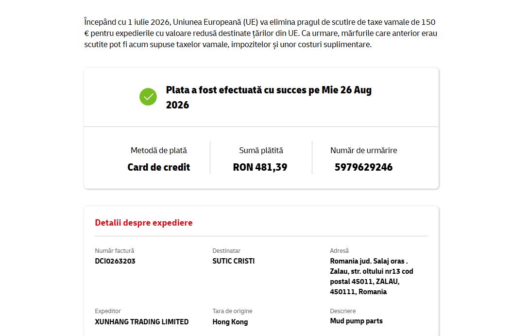 DHL Romania credit card payment success RON 481.39 shipment 5979629246