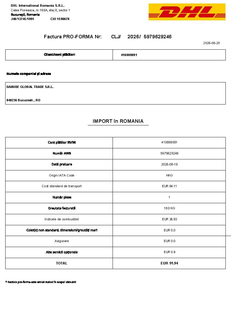 DHL Romania proforma transport charges EUR 91.94 shipment 5979629246